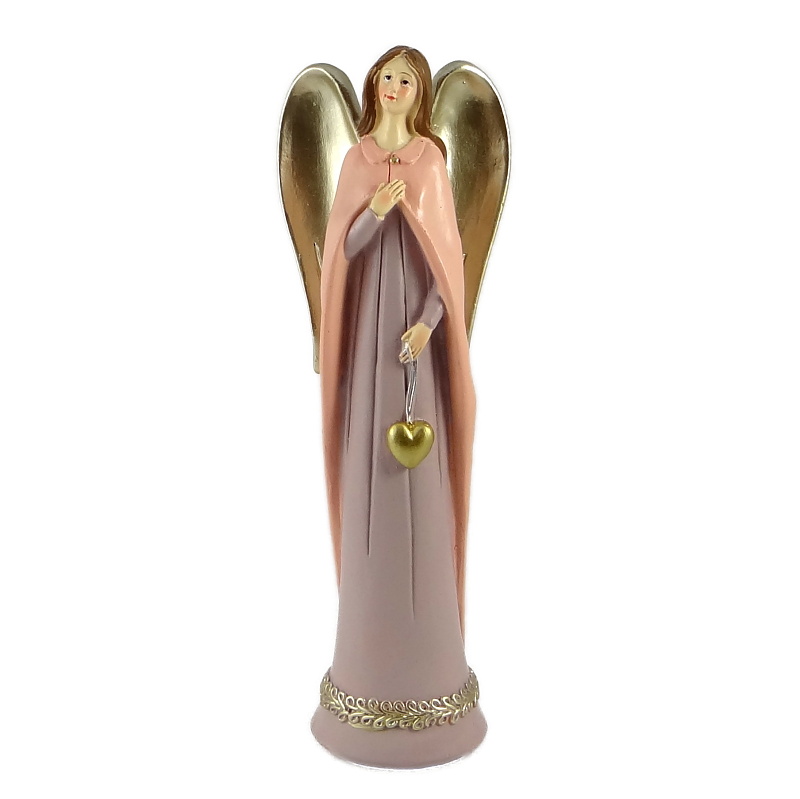 Anděl ve fialovo-růžových šatech se zlatými křídly a srdcem na šňůrce 22 cm polyresin