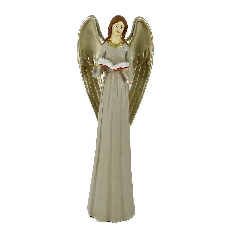 Anděl šedý se zlatými křídly a otevřenou knihou 19 cm polyresin